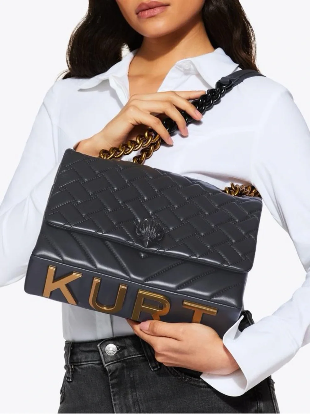 New Kurt Geiger Black Quilted Large Logo Shoulder Bag